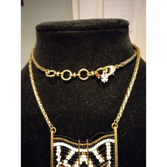 Lucky Brand Necklace Long Beaded Fringe Chest Plate Gold Black White Boho - Picture 5 of 8